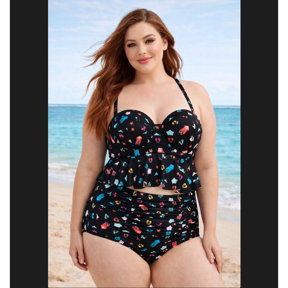 Torrid 2X Push Up Peplum Tankini Set Black Vixen Print Ruched High Waist Swim